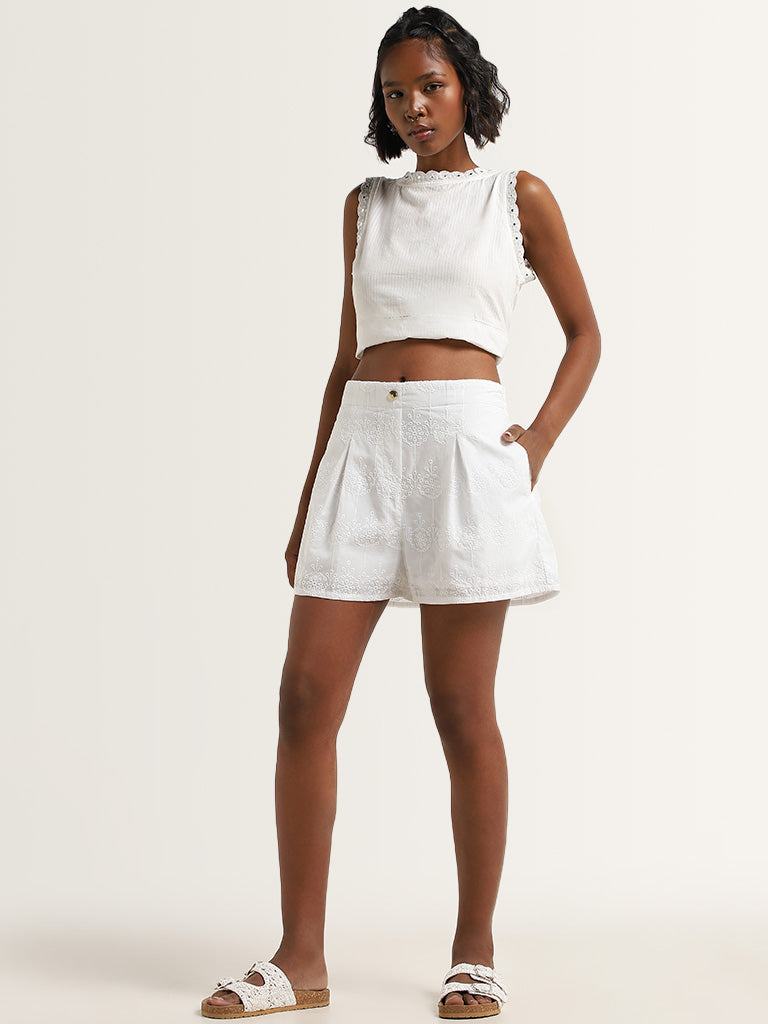 Bombay Paisley White Embroidered Cotton High-Rise Shorts