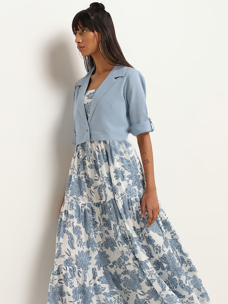 Bombay Paisley Blue Floral Cotton Tiered Dress with Jacket