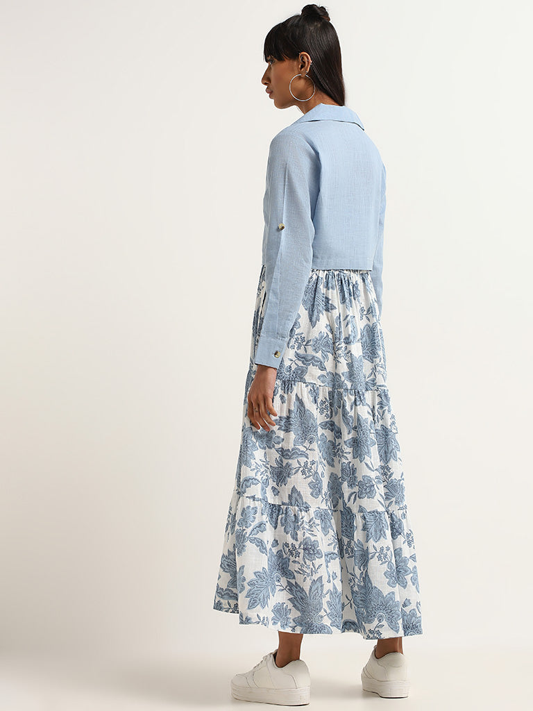 Bombay Paisley Blue Floral Cotton Tiered Dress with Jacket