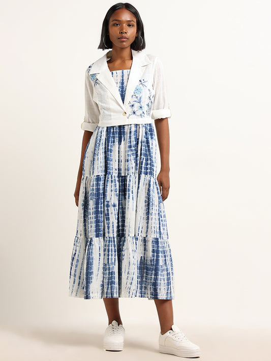 Bombay Paisley Blue Tie-Dye Print Tiered Dress with Jacket