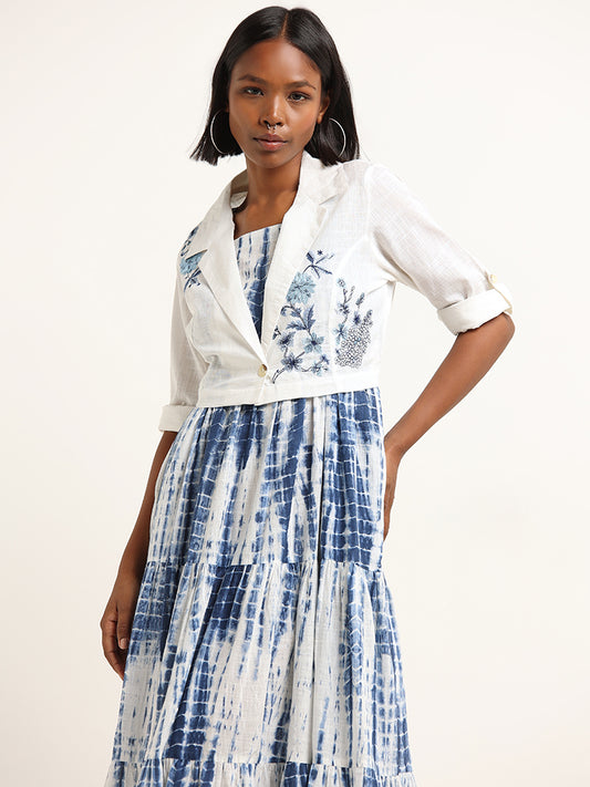 Bombay Paisley Blue Tie-Dye Print Cotton Tiered Dress with Jacket
