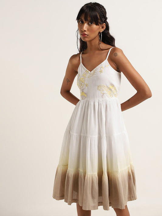 Bombay Paisley White Ombre Cotton Tiered Dress