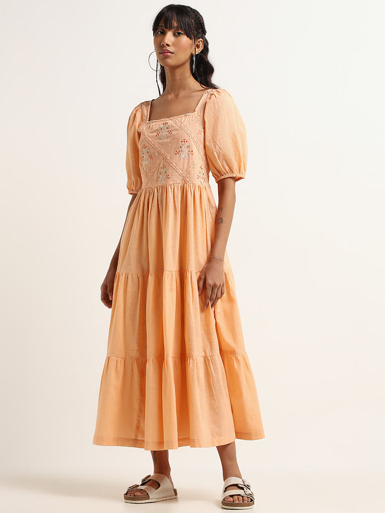 Bombay Paisley Peach Embroidered Cotton Tiered Dress
