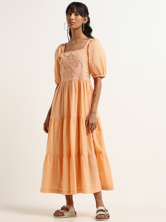 Bombay Paisley Peach Embroidered Tiered Dress