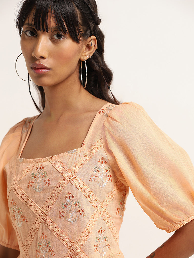 Bombay Paisley Peach Embroidered Cotton Tiered Dress