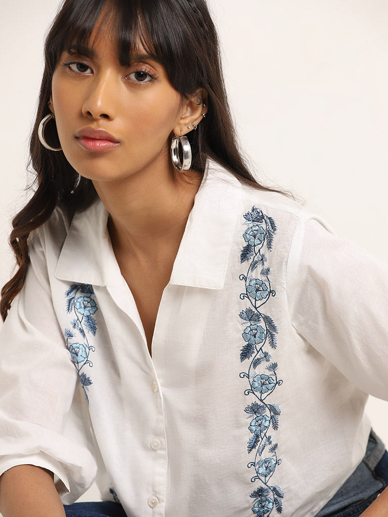 Bombay Paisley White Floral Embroidered Cotton Shirt