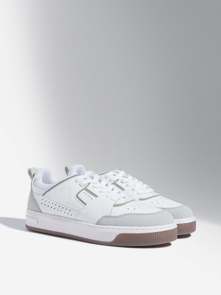 Westside Yellow Kids White Perforated Lace-Up Sneakers for Casual Wear Front View