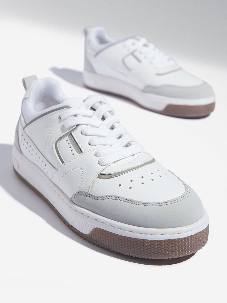 Westside Yellow Kids White Perforated Lace-Up Sneakers for Casual Wear Zoomed View
