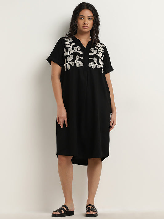 Gia Black Leaf Embroidered High-Low Cotton Dress