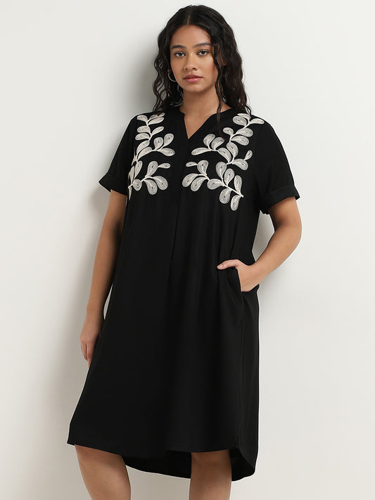 Gia Black Leaf Embroidered High-Low Cotton Dress