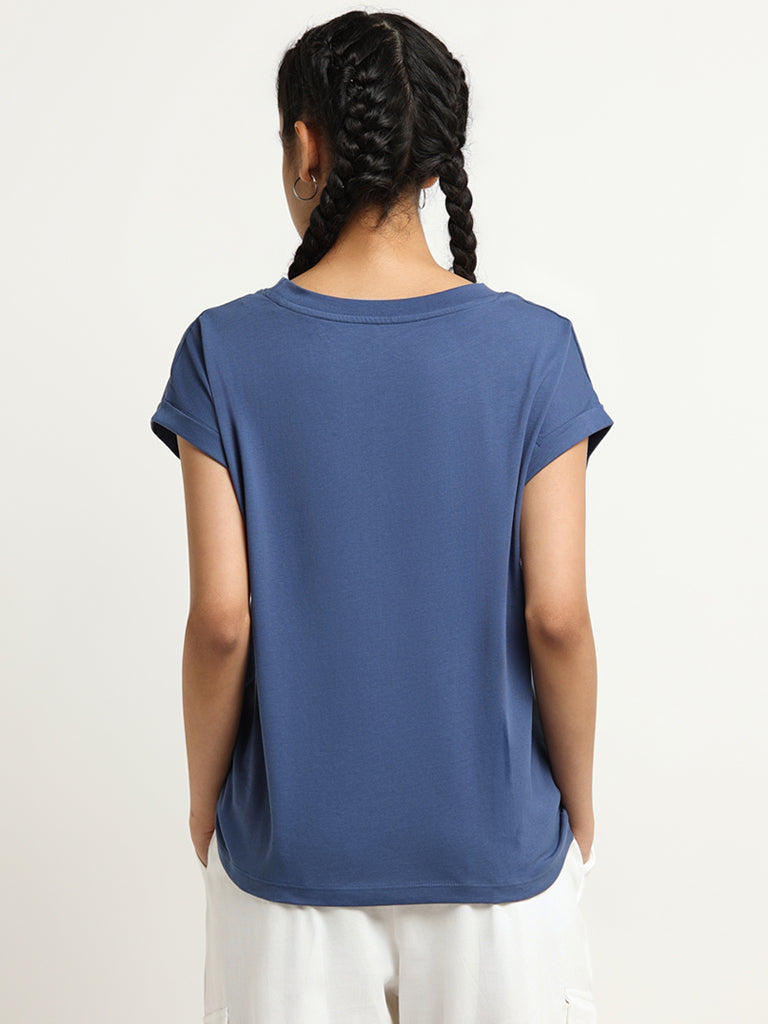 Studiofit Blue Graphic Print Cotton T-Shirt