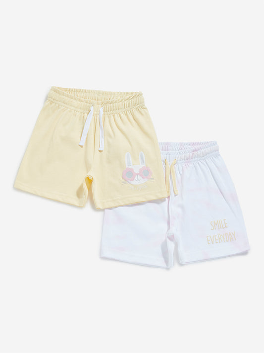 HOP Baby White & Yellow Mid Rise Shorts - Pack of 2