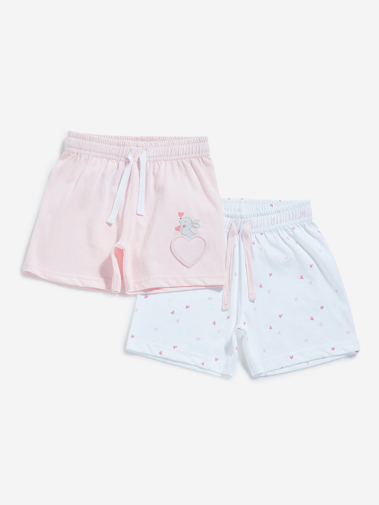 HOP Baby White & Light Pink Mid Rise Shorts - Pack of 2