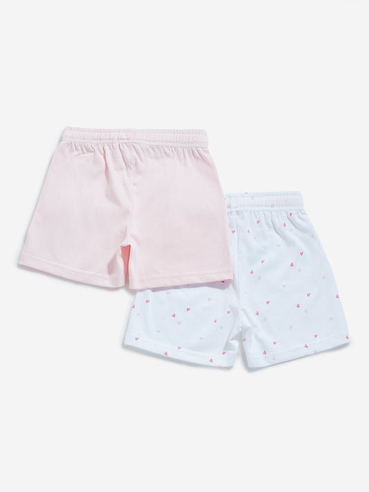 HOP Baby White & Light Pink Mid Rise Shorts - Pack of 2