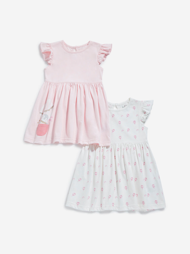HOP Baby Off-White & Light Pink Pleated Dress - Pack of 2