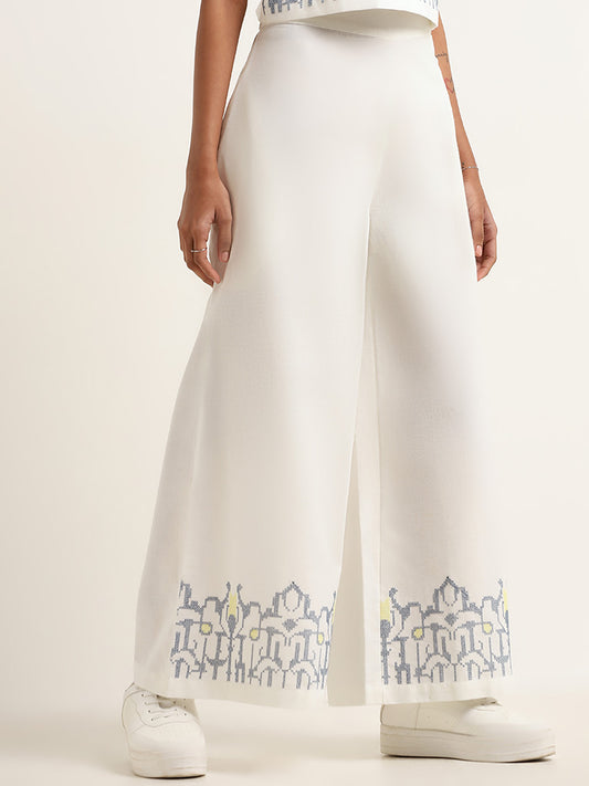 Bombay Paisley White Printed Blended Linen Mid Rise Pants