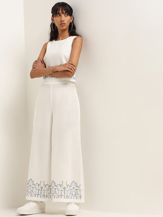 Bombay Paisley White Printed Blended Linen Mid Rise Pants