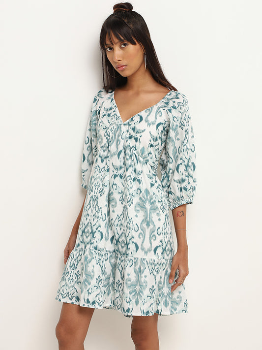 Bombay Paisley Teal Ikkat Printed Tiered Dress