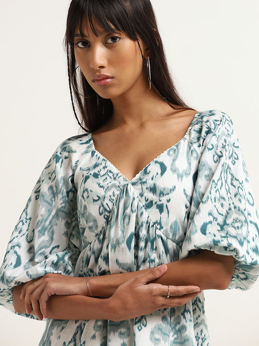 Bombay Paisley Teal Ikkat Printed Cotton Tiered Dress