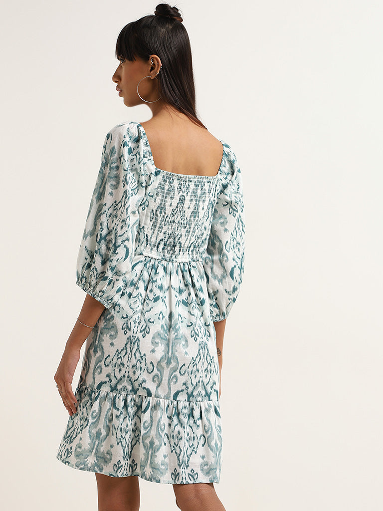 Bombay Paisley Teal Ikkat Printed Tiered Dress