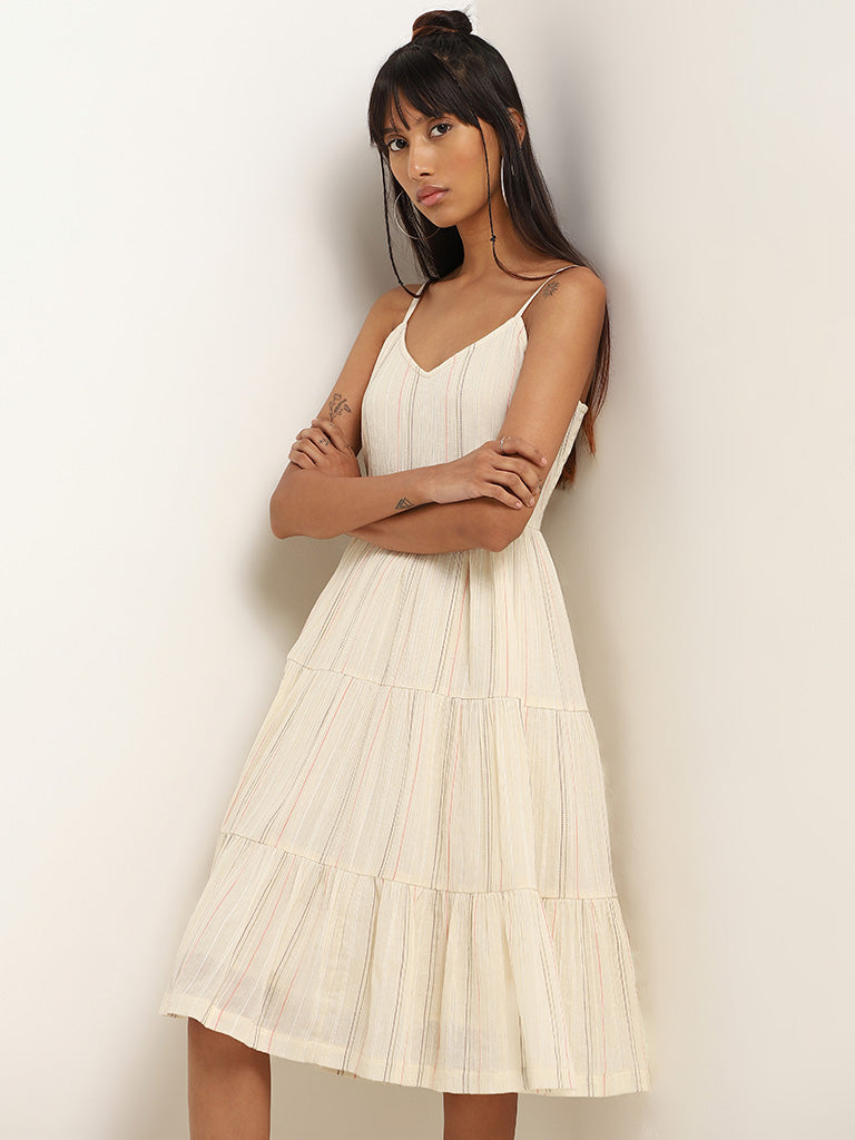 Bombay Paisley Off-White Striped Cotton Tiered Dress