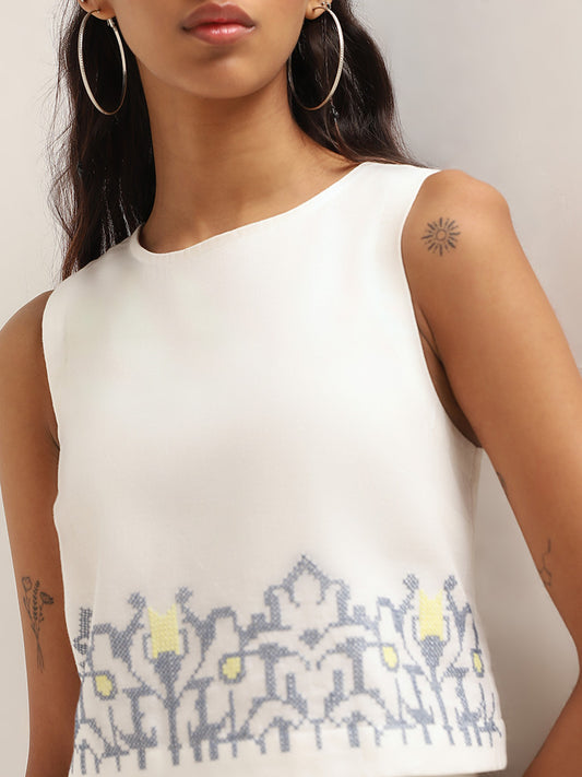 Bombay Paisley White Printed Blended Linen Top
