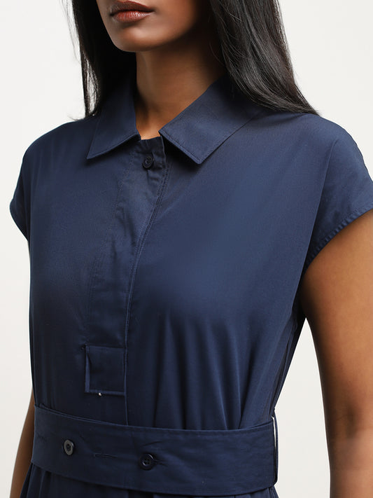 Wardrobe Navy Solid Cotton Shirt Dress with Belt
