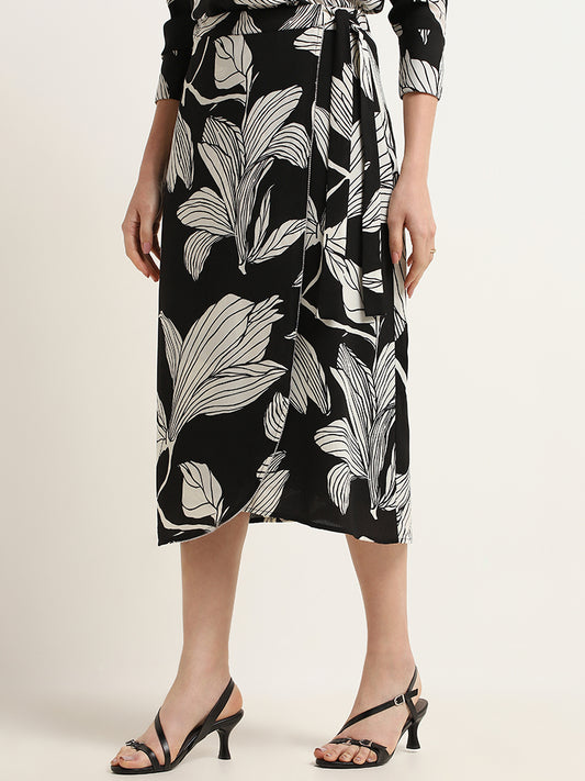 Wardrobe Black Leaf-Print Wrap Skirt