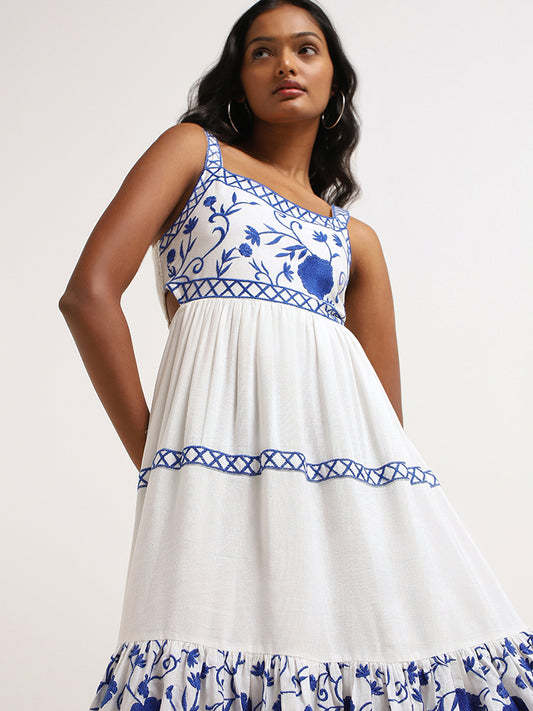 LOV White Embroidered Cotton Tiered Dress