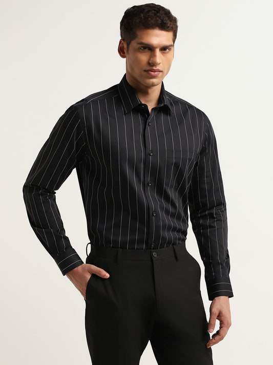 WES Formals Black Relaxed Fit Striped Cotton Shirt