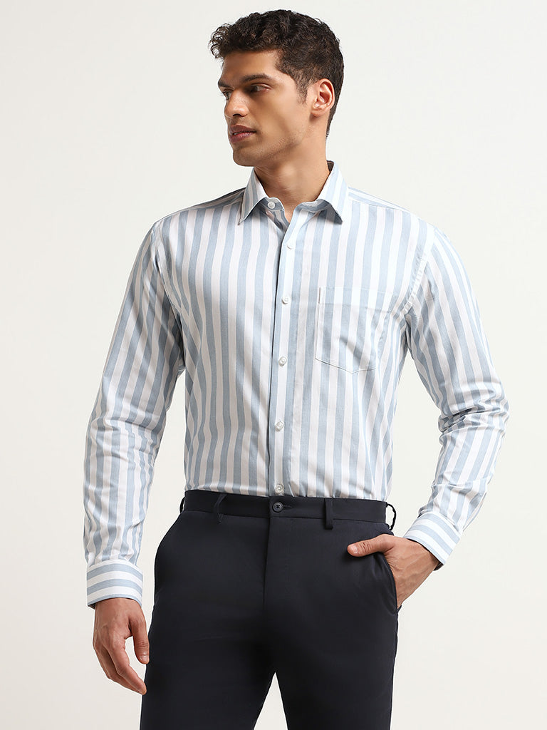 WES Formals Blue Relaxed Fit Striped Cotton Shirt