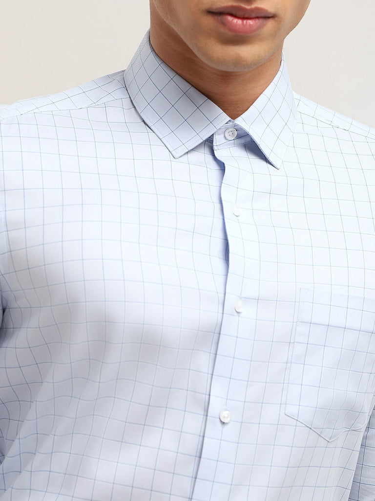 WES Formals Blue Slim Fit Checkered Shirt