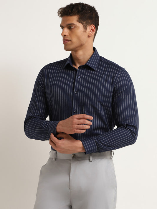 WES Formals Navy Slim Fit Striped Cotton Shirt