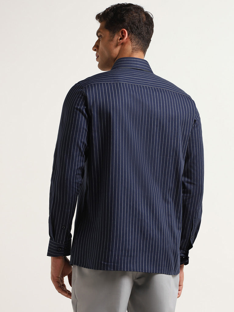 WES Formals Navy Slim Fit Striped Cotton Shirt