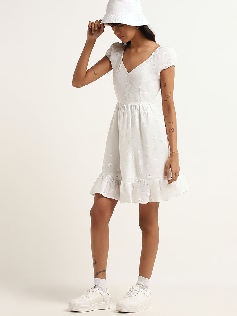 Nuon White Schiffli Cotton A-Line Dress