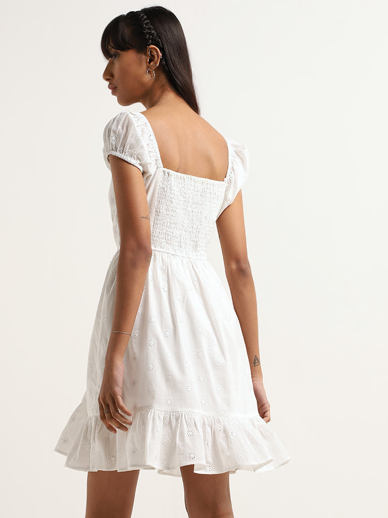 Nuon White Schiffli Cotton A-Line Dress