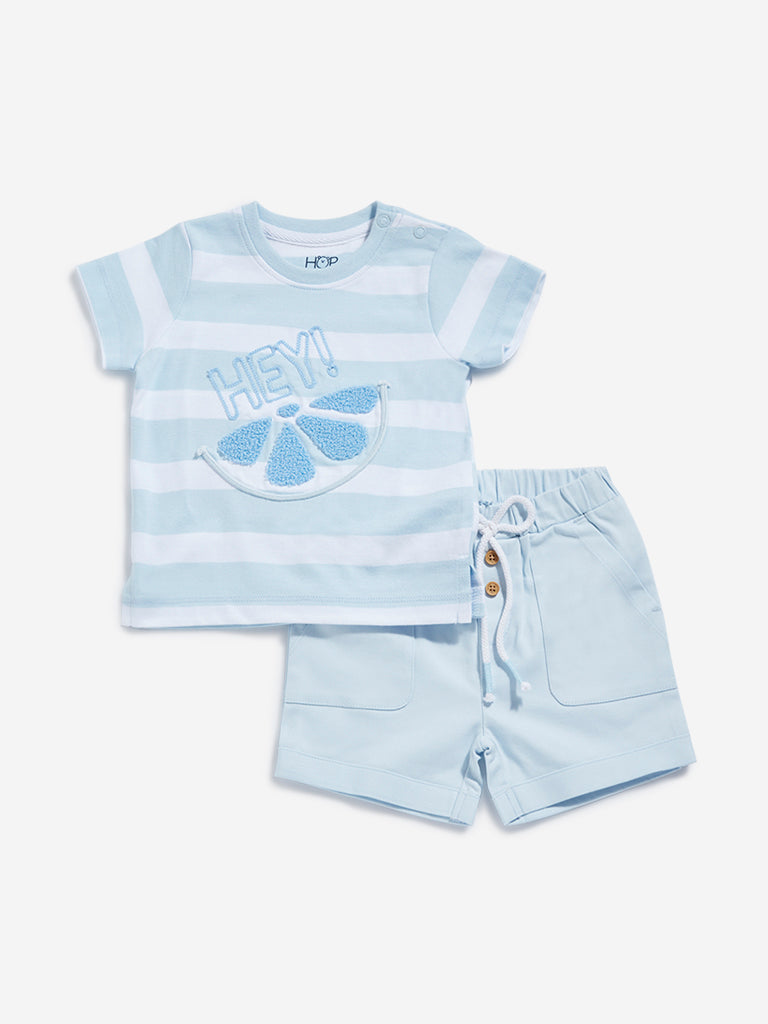 HOP Baby Blue Striped T-Shirt with Shorts Set