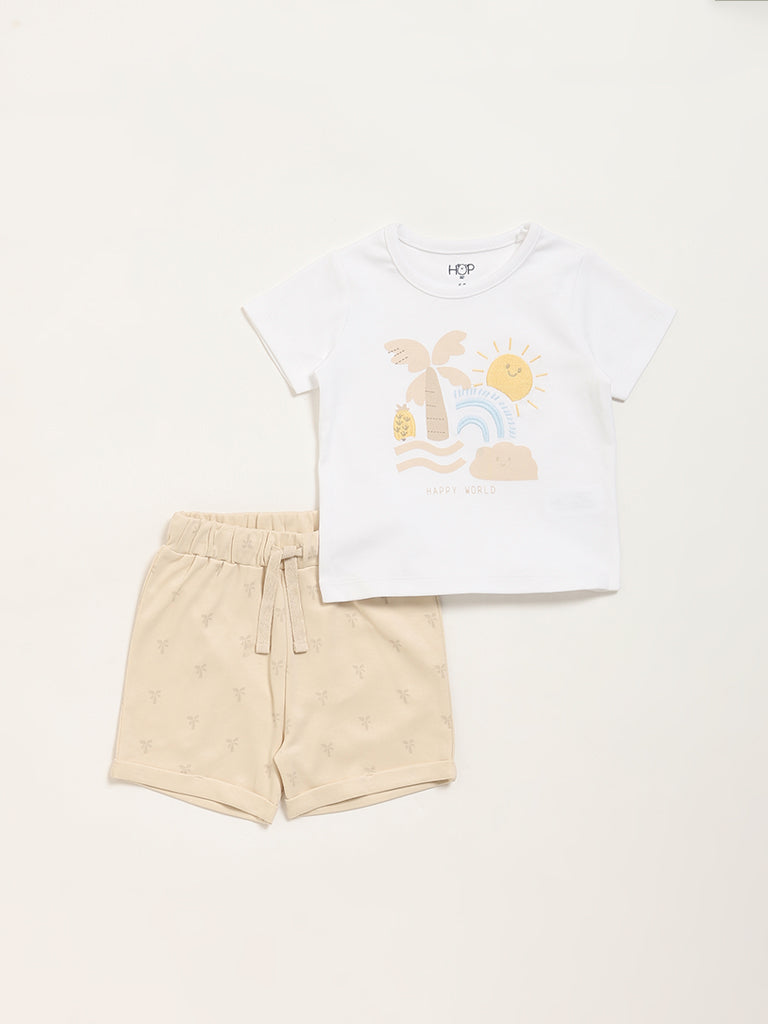HOP Baby White Printed T-Shirt with Shorts