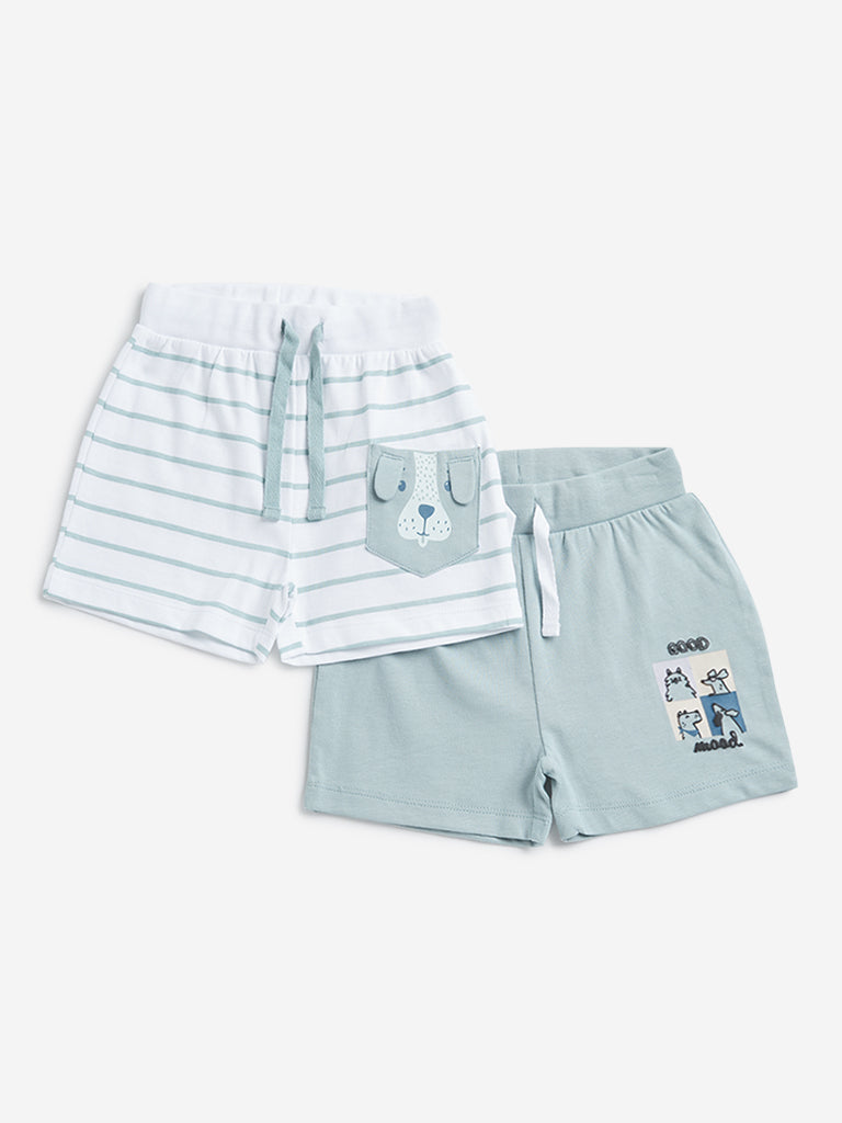 HOP Baby Teal & White Striped & Printed Mid Rise Shorts - Pack of 2