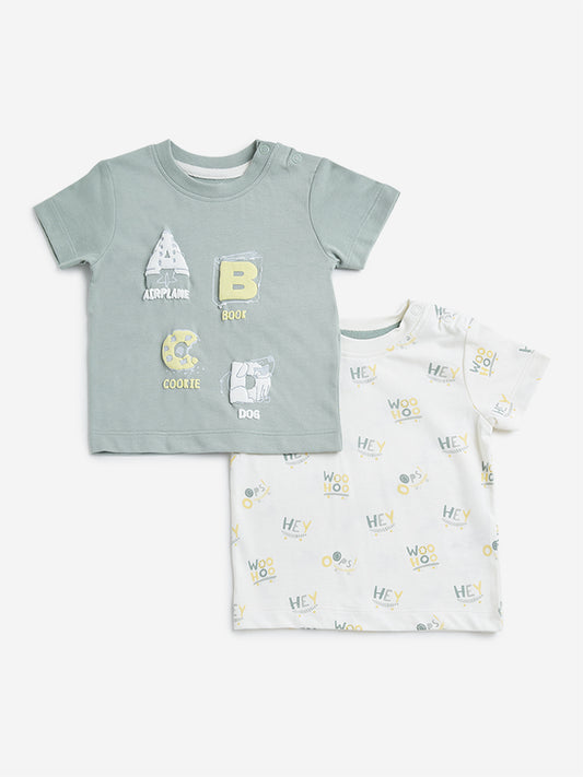 HOP Baby Teal & White Embossed Printed Design T-Shirts - Pack of 2