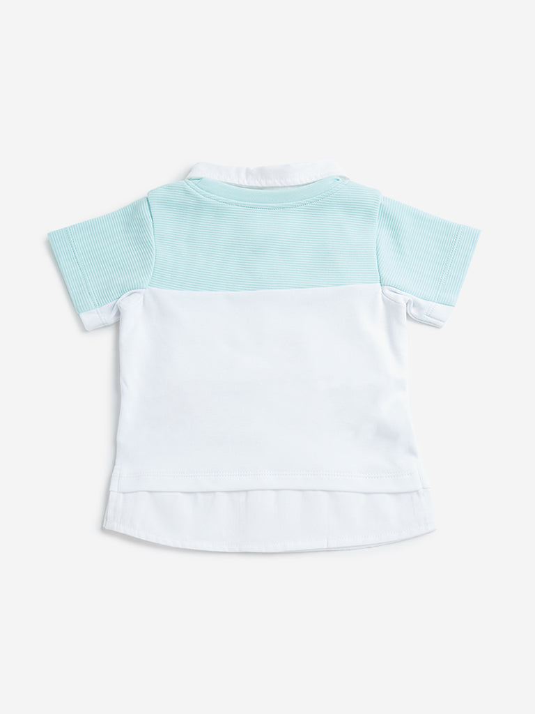 HOP Baby Blue Colour-Blocked Collared T-Shirt