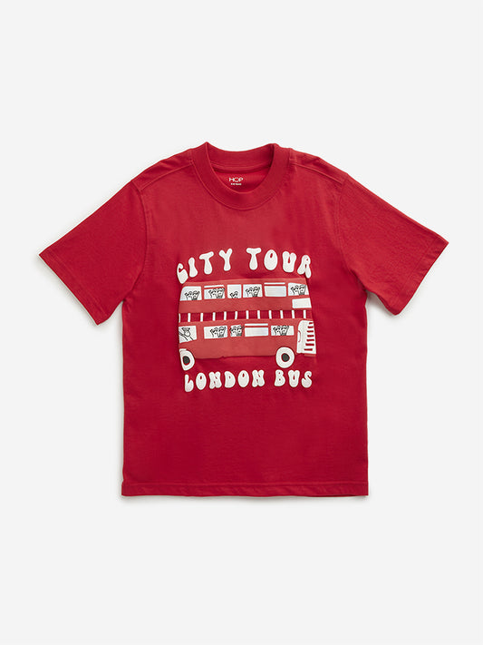 HOP Kids Red Embossed Text Printed T-Shirt