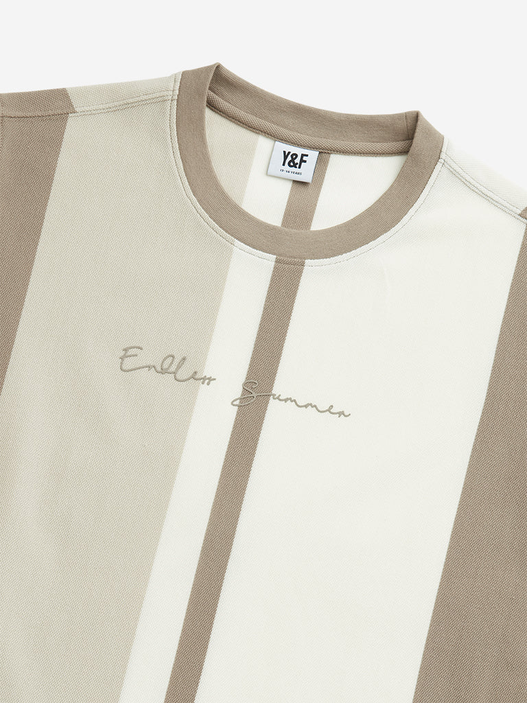 Y&F Kids Brown Colour Blocked Cotton T-Shirt