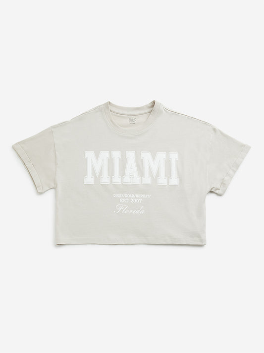 Y&F Kids Beige Text Design Crop T-Shirt