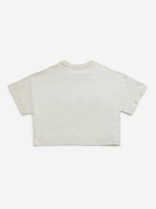 Y&F Kids Beige Text Design Crop T-Shirt