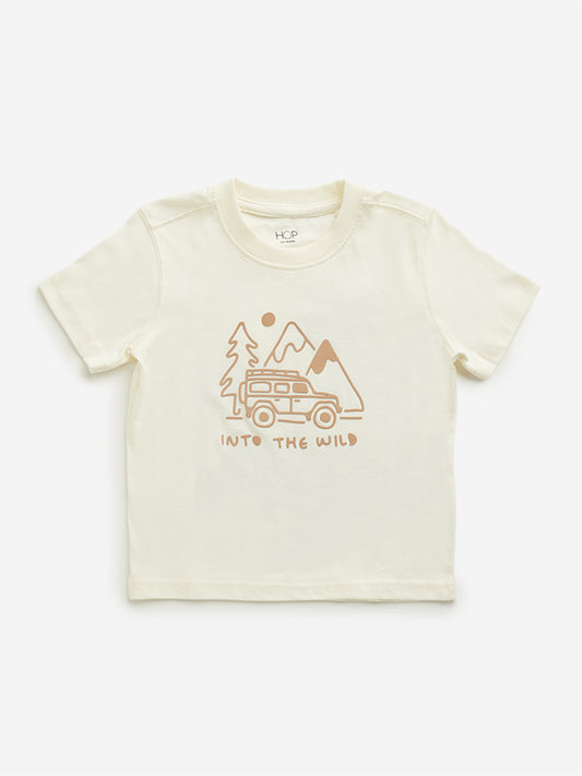 HOP Kids Beige Graphic Printed T-Shirt