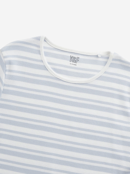 Y&F Kids Blue Stripe Printed T-Shirt