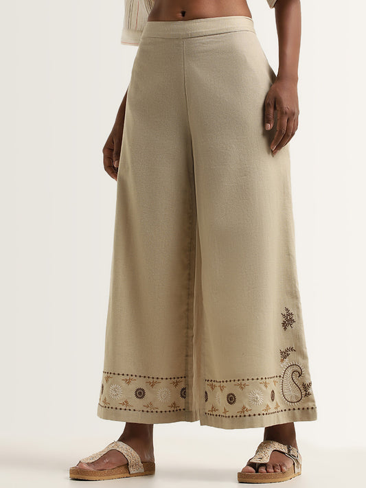 Bombay Paisley Beige Paisley Design Mid Rise Cotton Blend Pants