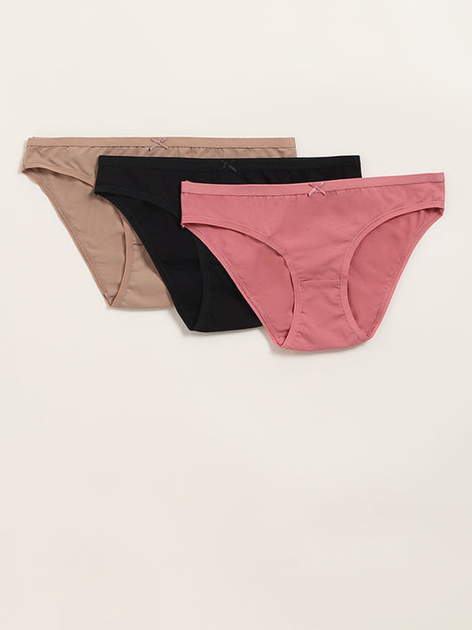 Wunderlove Light Taupe Cotton Blend Bikini Briefs - Pack of 3