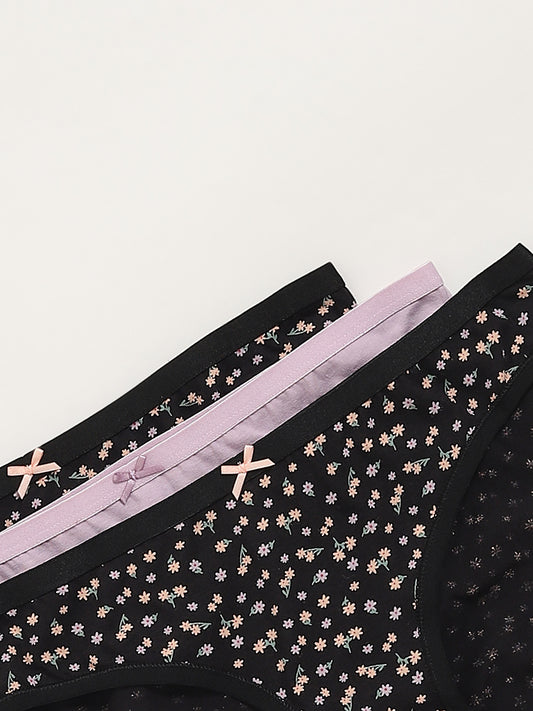Wunderlove Violet Floral Print Cotton Blend Bikini Briefs - Pack of 3